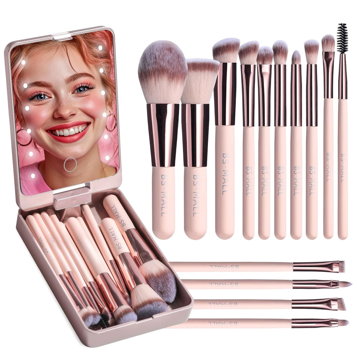 Ensemble de Pinceaux de Maquillage avec Miroir LED, AuraLux